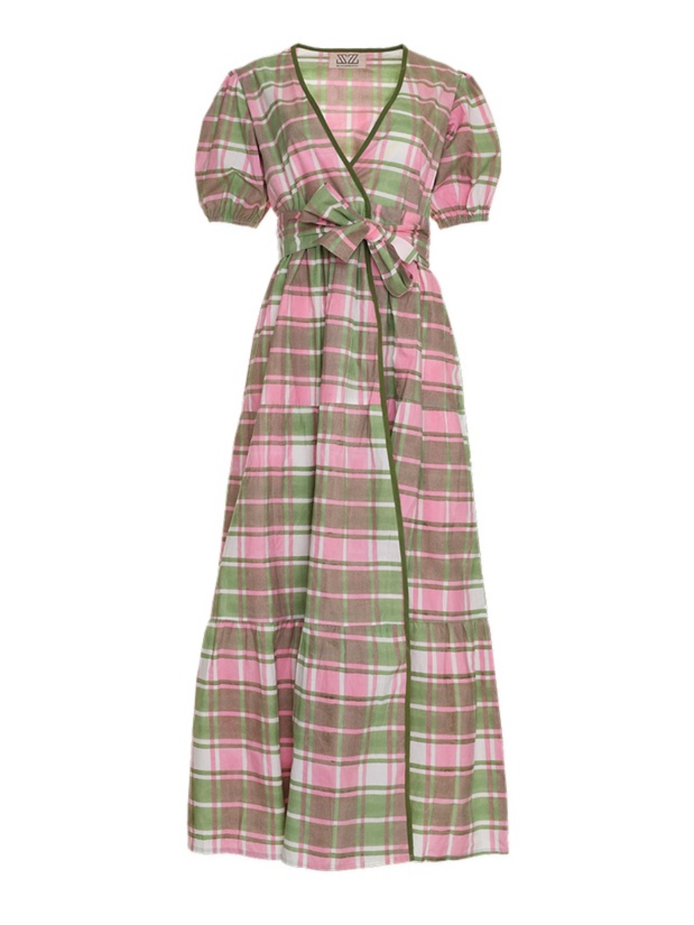 SZ Blockprints Emily Dress Pink Green Plaid Wrap Maxi Dress Size M NWT